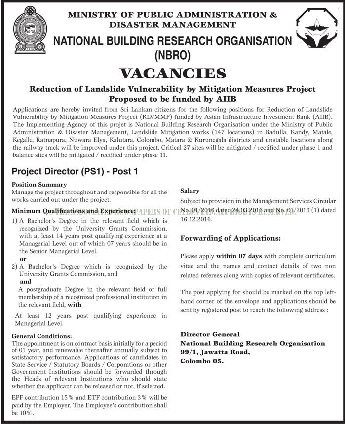 Project Director - National Building Research Organization (NBRO)